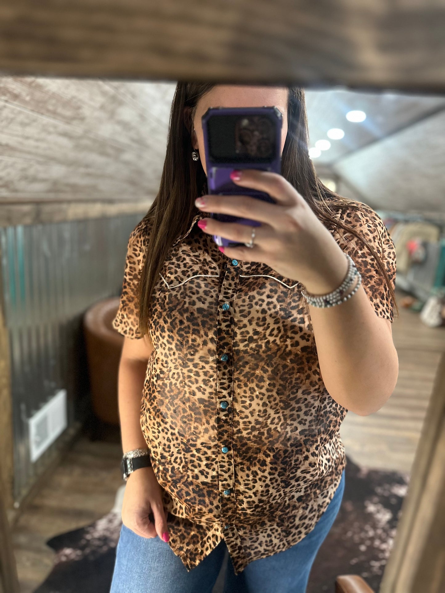 Cheetah Turquoise Button Snap Top