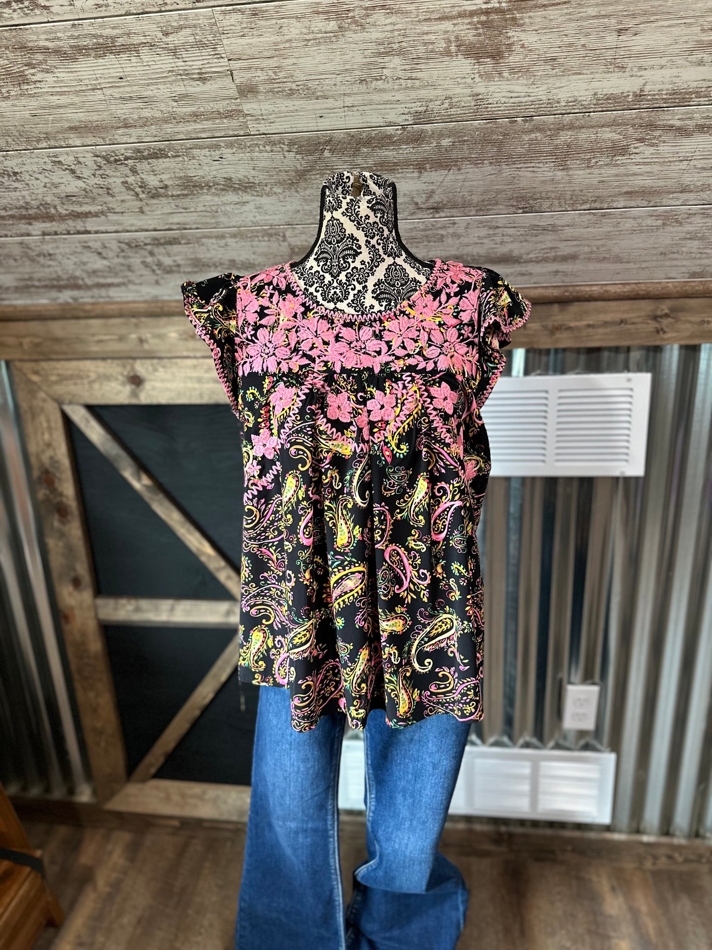 Black and Pink Ruffle Top