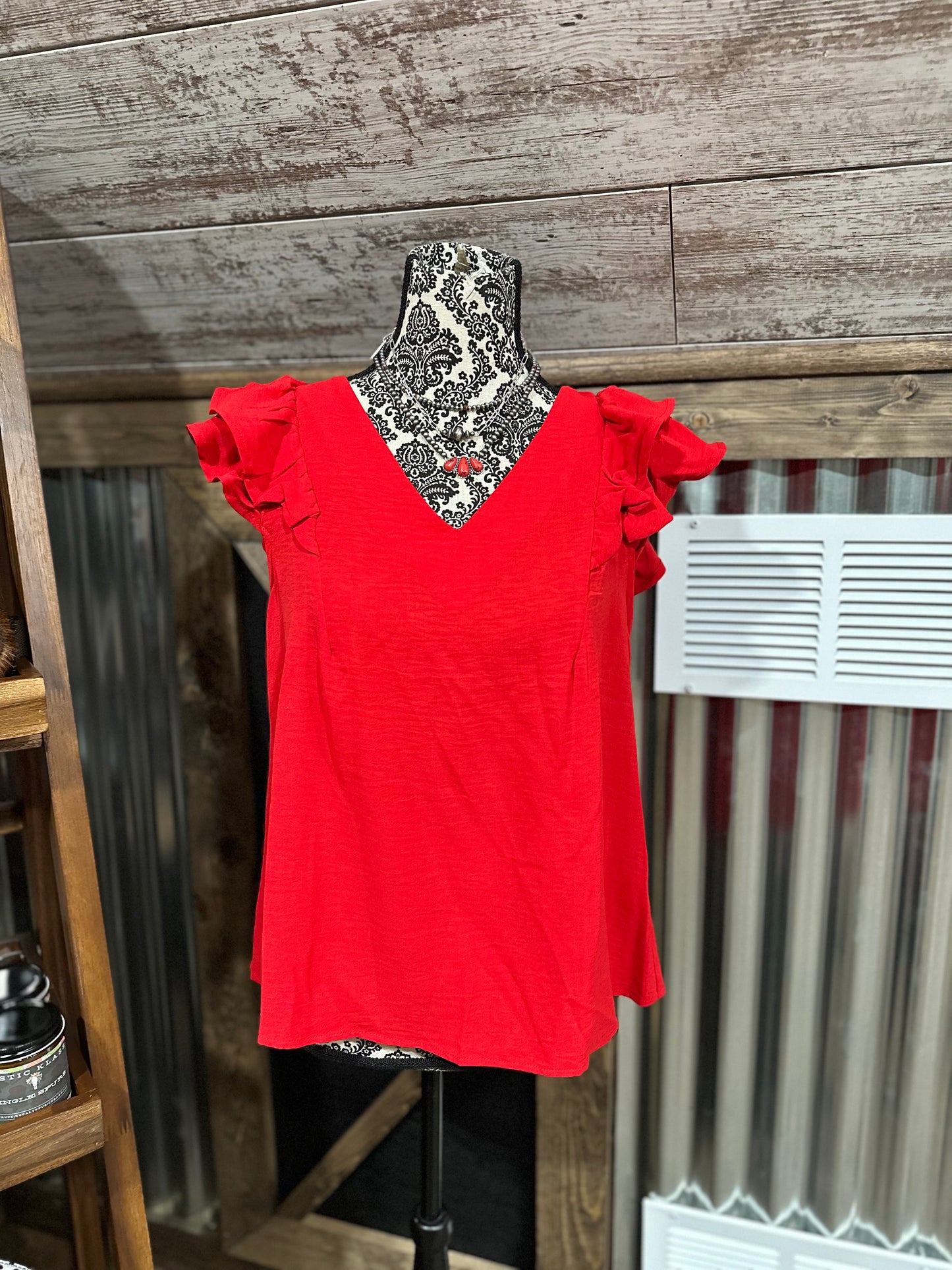 Ruffle Sleeve Top-Red