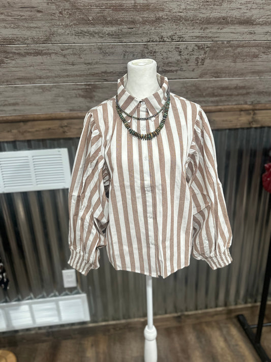 Tan Stripe Long Sleeve Button Up