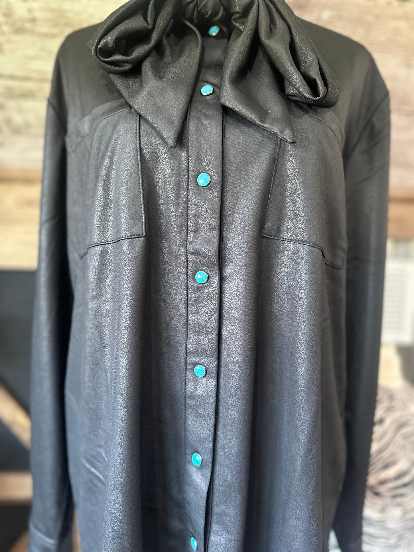 Black Bow Top with turquoise snaps