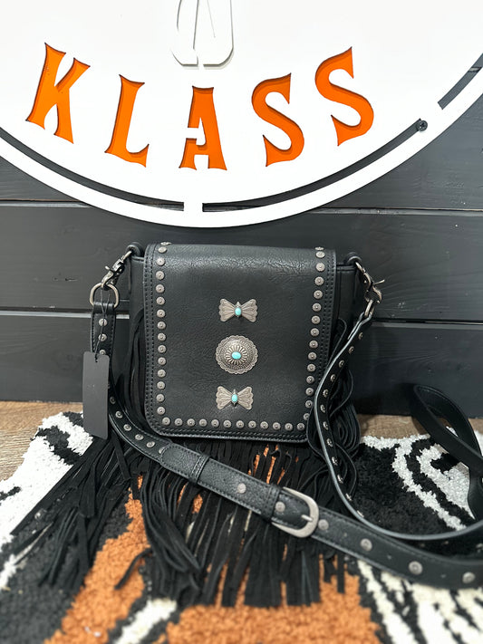 Black Fringe Concho Crossbody