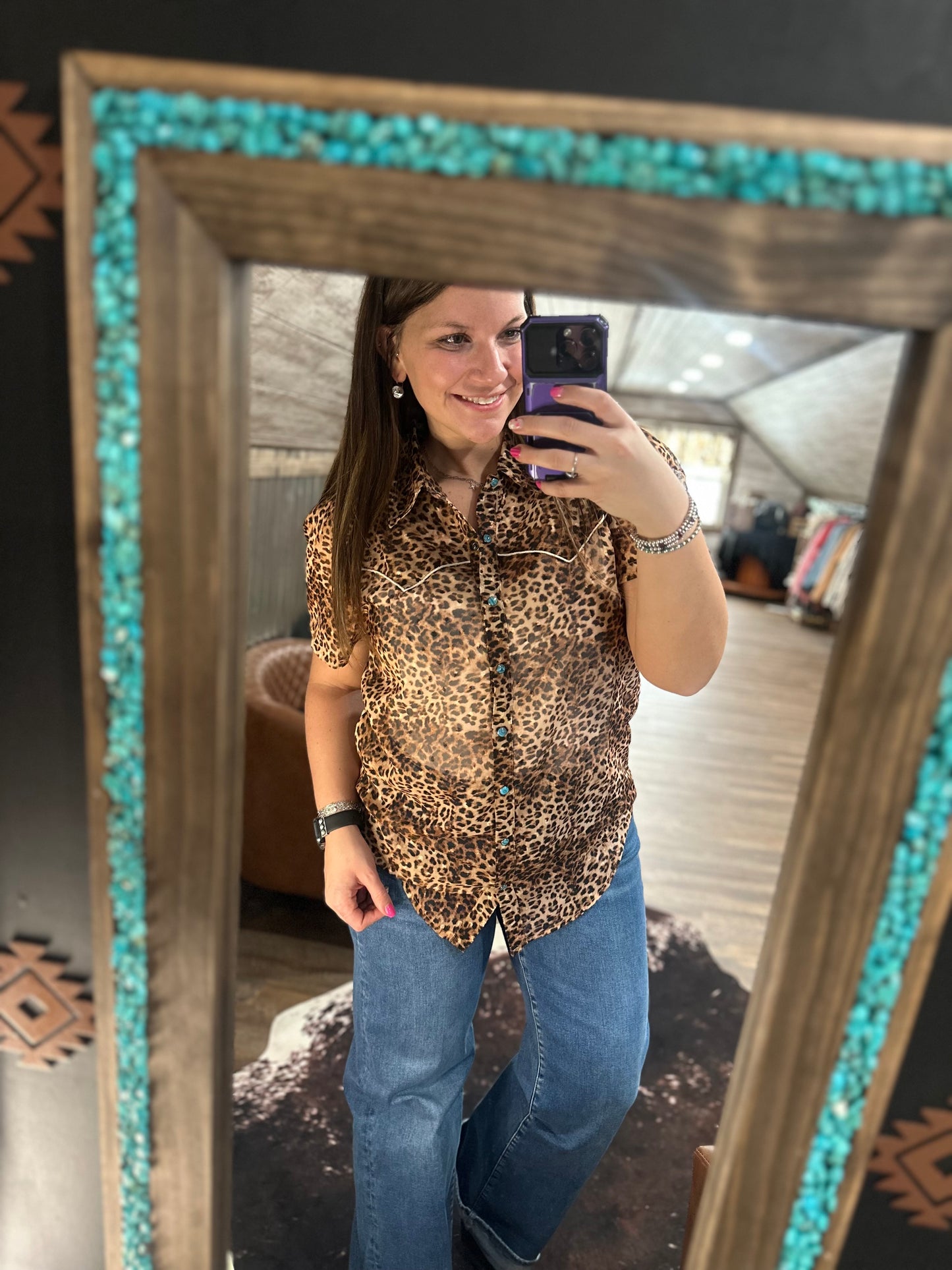 Cheetah Turquoise Button Snap Top