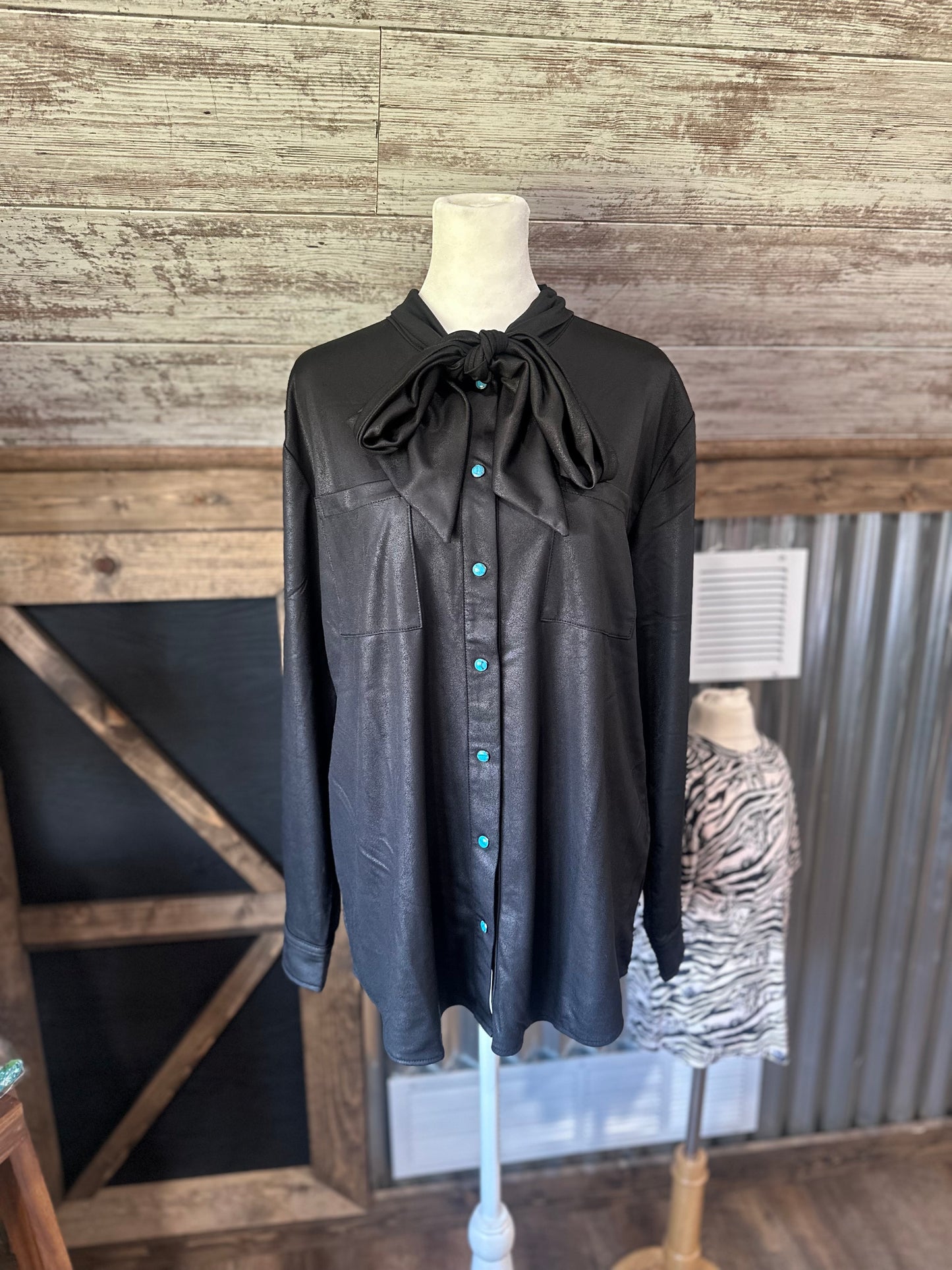 Black Bow Top with turquoise snaps