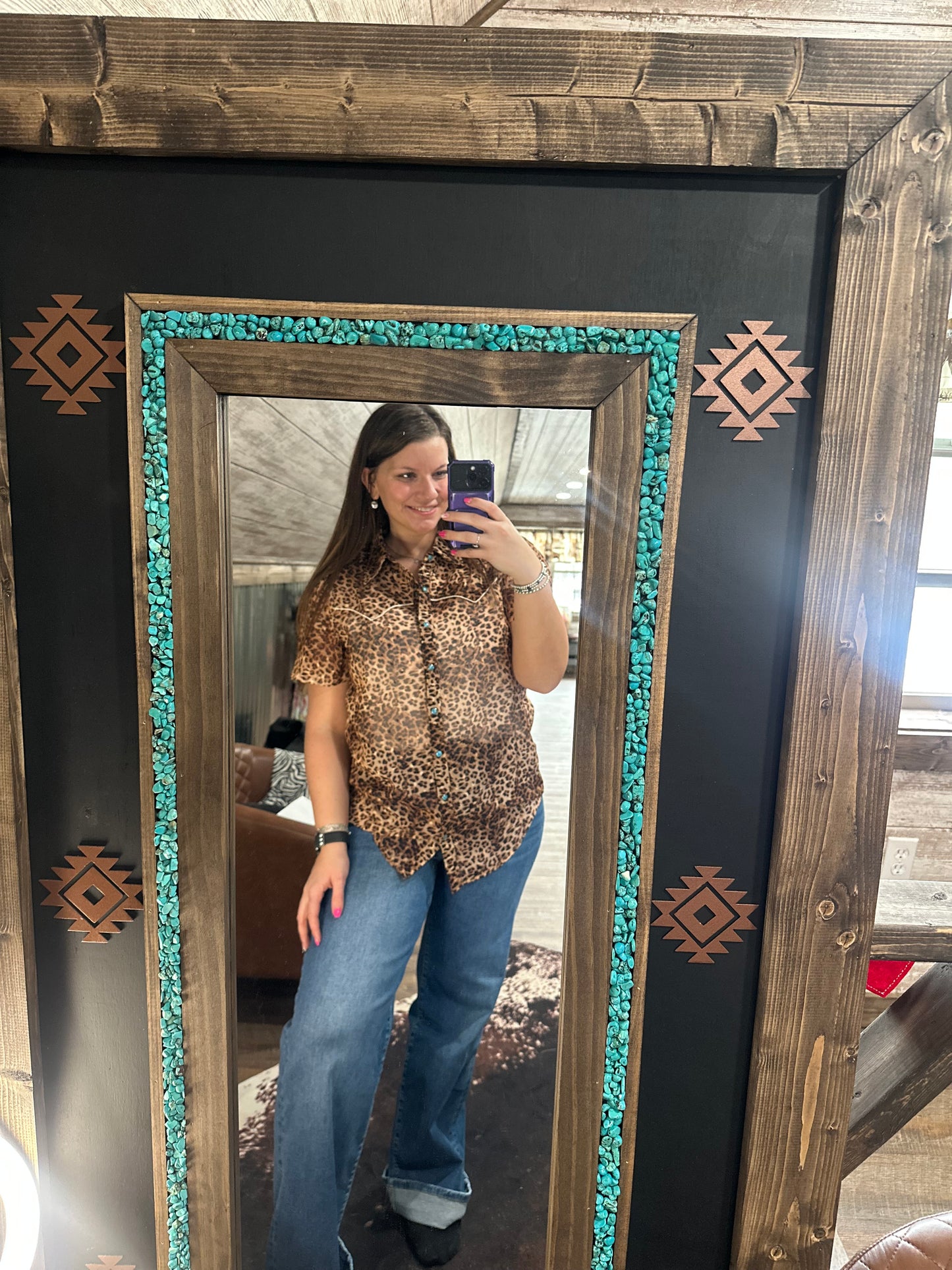 Cheetah Turquoise Button Snap Top