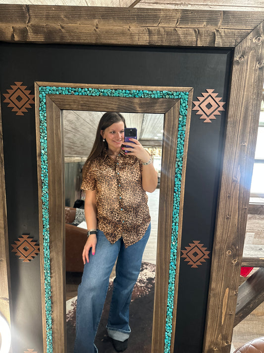 Cheetah Turquoise Button Snap Top