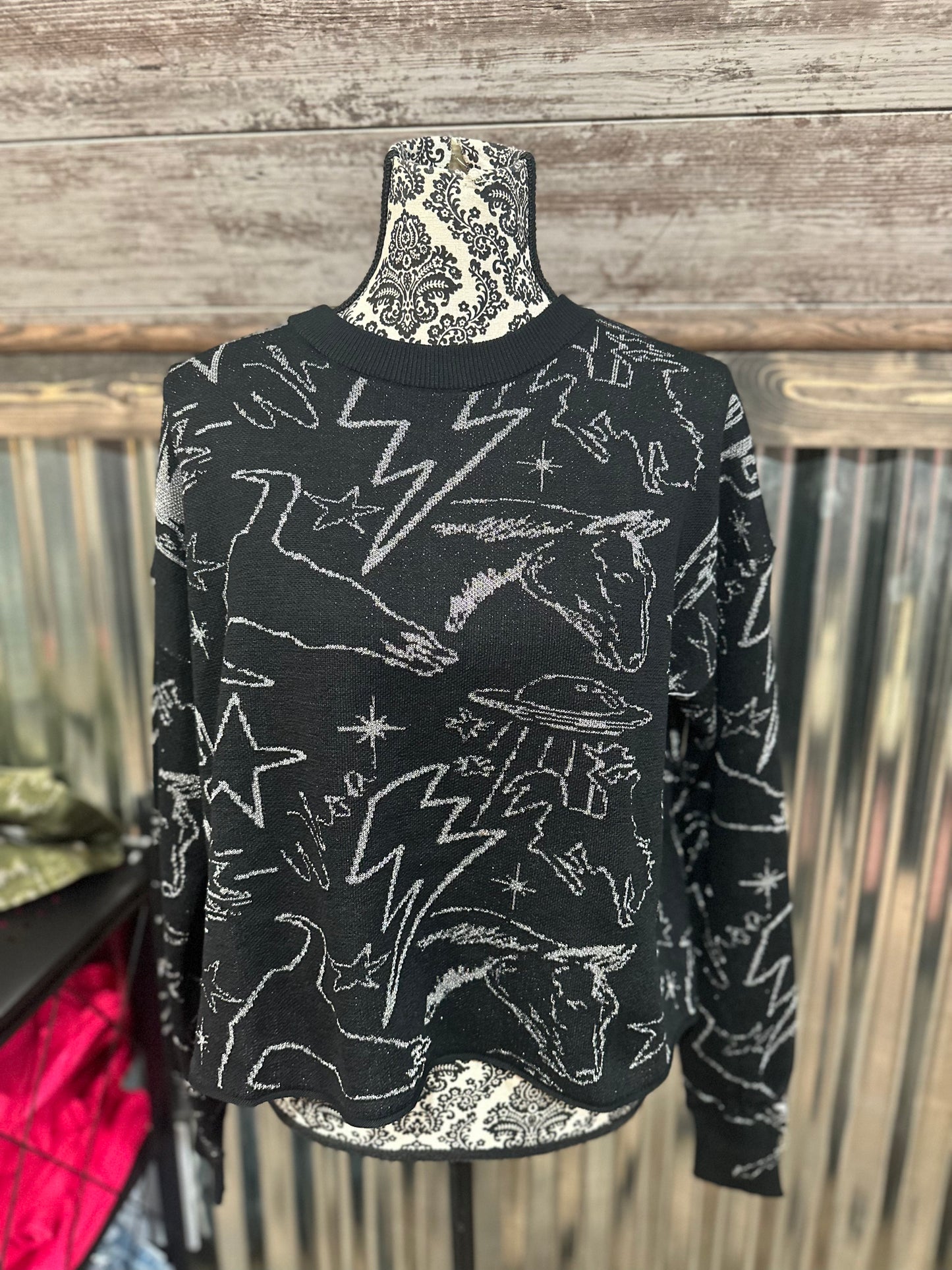 Cropped Black Sweater with Space Cowboy Design