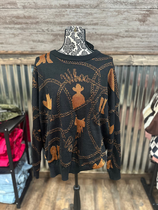 Black Sweater with Caramel Cowboy Designs