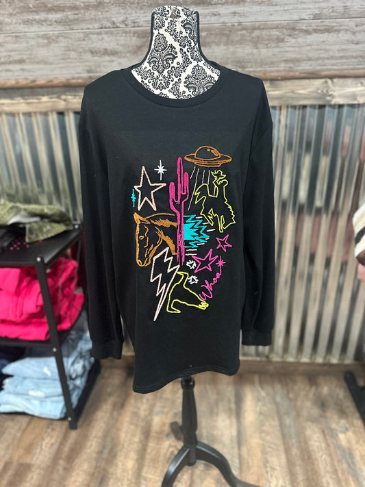 Long Sleeve Neon Western Designed Black Shirt