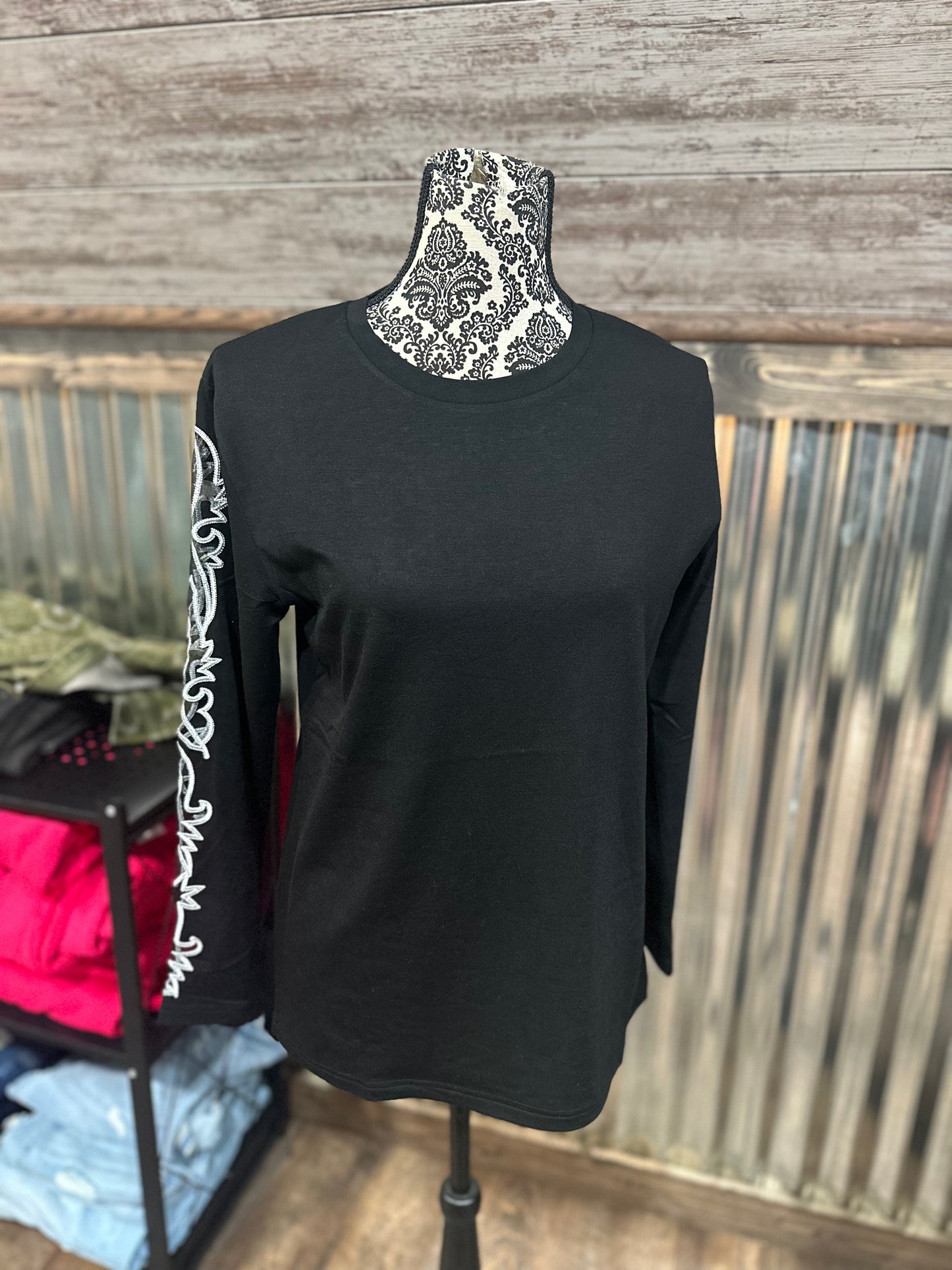 Black Long Sleeve with Cowboy Embroidered Mesh Design